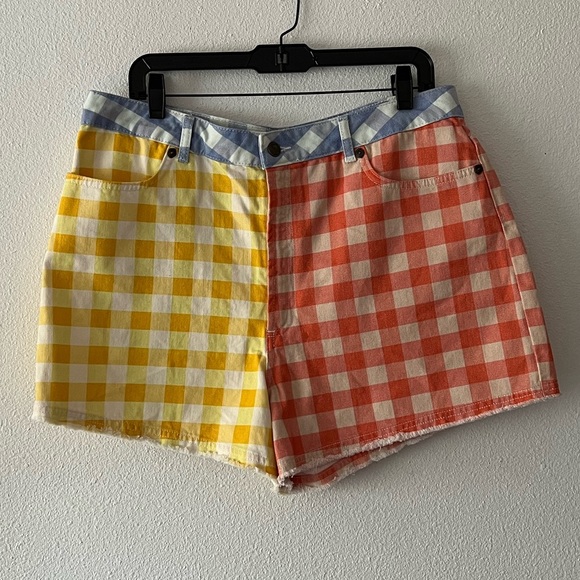 {Farm Rio} for Anthropologie Brand New Gingham Color Block Denim Shorts - Picture 5 of 9